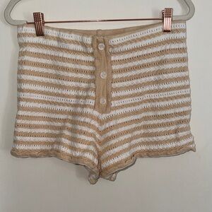 Aqua Striped High-Waist Knit Shorts in White & Tan